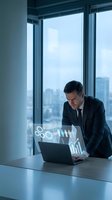 Middle-aged Caucasian businessman analyzing holographic data charts on laptop in modern office with city skyline view for corporate technology presentations.