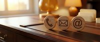 Wooden contact icons on office desk with phone, email and at symbols for business communication and customer service concepts.