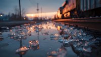 Broken ice fragments on railway tracks reflecting golden sunset light, creating atmospheric industrial landscape at dusk.