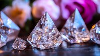 Crystal clear diamonds arranged in row with soft pink and purple bokeh background creating luxurious jewelry store display atmosphere.