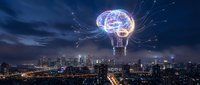 Creative lightbulb with glowing brain inside floating above modern city skyline at night. Innovation, artificial intelligence and bright ideas concept.