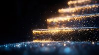 Magical glowing particles with golden light trails floating in dark space against blue sparkles background, abstract festive bokeh effect.