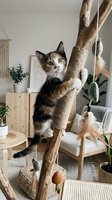 Calico kitten climbing wooden cat tree with rope-wrapped posts and hanging toys in bright home interior with potted plants and natural light.