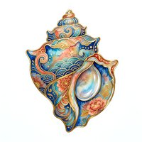 Ornate seashell with decorative swirls, gold accents, and blue watercolor patterns on isolated white background. Suitable for design projects.