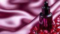 Luxurious magenta glass dropper bottle with pomegranate seeds on silky fabric background, elegant cosmetic product photography for beauty and skincare marketing.