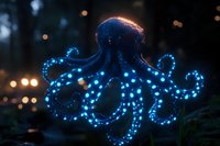 Luminous octopus silhouette with glowing blue dots against dark background, magical sea creature illuminated by bioluminescent spots and bokeh lights.