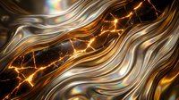 Abstract flowing metallic waves with golden lightning energy crackling through liquid chrome surfaces creating dynamic motion and electrical power effects.