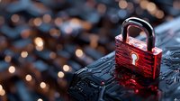 Red padlock on circuit board with glowing cybersecurity elements against dark background with bokeh lights, representing digital protection and data security.