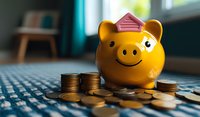 Yellow ceramic piggy bank with pink house-shaped lid smiling at scattered gold coins on blue textured surface against blurred home interior background.