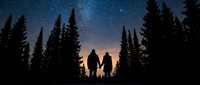 Silhouetted couple standing together under starry night sky surrounded by tall evergreen forest trees at dusk, romantic outdoor scene for travel and nature themes.