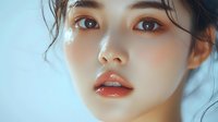 Young Asian woman with glowing skin, coral lipstick and dewy makeup look against blue background. Close-up portrait showcasing natural beauty and modern cosmetic trends.