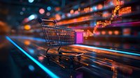 Shopping cart on digital background with stock market data and neon lights, representing e-commerce and digital retail transformation in modern economy.
