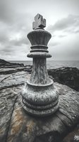 Giant chess king piece standing on rocky ocean shore against dramatic cloudy sky in black and white. Powerful metaphor for leadership and strategy.