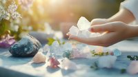 Female hands holding clear quartz crystals with healing stones, rose quartz, and natural minerals on blue surface in soft sunlight with delicate flowers.