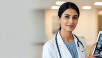 Professional female doctor with stethoscope holding medical scan in modern hospital corridor, healthcare worker smiling confidently at camera.