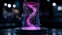 Glowing pink spiral of magical particles swirling inside glass container on dark background with bokeh lights, creating mystical laboratory atmosphere.