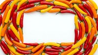 Colorful hot chili peppers arranged in a frame border with red, yellow, and orange varieties on white background. Use for food, cooking, spice, and culinary design projects.