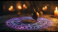 Mystical pendulum swinging over glowing purple magic circle with ancient symbols in candlelit atmosphere for spiritual divination and fortune telling practices.