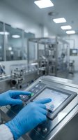 Technician in blue gloves operating control panel in sterile pharmaceutical manufacturing facility with automated production equipment.