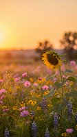 Sunflower stands tall among colorful wildflowers in meadow during golden hour sunset with warm orange sky and soft bokeh background for nature concepts.