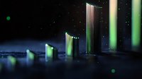 Glowing green light pillars rising from dark reflective surface against night sky background with bokeh effects and mysterious atmospheric mood.