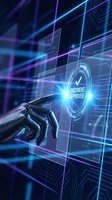 Robotic hand touching glowing document approved hologram in digital interface with neon blue and purple light rays for business automation and technology concepts.