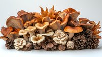 Fresh autumn mushrooms and pine cones arranged in decorative composition on white background, isolated seasonal fungi variety in warm brown tones.
