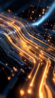 Abstract technology background with glowing orange and blue light trails flowing in wave pattern against dark surface, creating futuristic circuit-like paths.