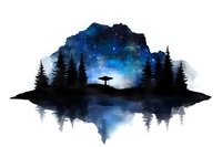 Mystical night forest silhouette with starry galaxy sky and lone figure standing on hill, reflected in calm water surface. Watercolor art style creates dreamy atmosphere.