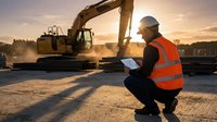 Construction worker in safety vest using tablet at sunset worksite with excavator machinery for project management and site supervision.