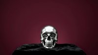 Metallic silver skull resting on black fur against deep burgundy background, suitable for gothic, Halloween, memento mori, and dark aesthetic design projects.