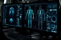 Medical interface showing human anatomy scans with brain imaging and full body diagnostics on multiple dark screens with blue holographic displays.