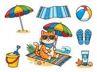 Cartoon cat wearing sunglasses relaxing on beach towel under colorful umbrella with summer vacation accessories including beach ball, flip-flops, bucket and sunscreen isolated on white background.
