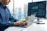 Businessman analyzing financial data on laptop with digital interface displaying charts and graphs for business intelligence and analytics.