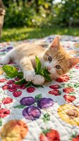 Orange and white kitten playing with fresh mint leaves on colorful fruit patterned blanket in sunny garden setting, perfect for pet and nature content.