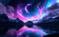 Mystical mountain lake landscape with crescent moon and aurora borealis reflecting in calm water surface against purple night sky with stars.