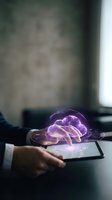 Holographic brain projection emerging from tablet screen with glowing purple neural networks and digital circuits for AI technology and machine learning concepts.