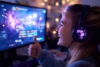 Young blonde woman wearing gaming headset shows thumbs up while playing video game, illuminated by colorful monitor glow and fairy lights in dark room.