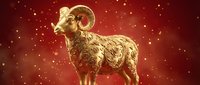 Golden ram figurine with curved horns standing against a festive red background with sparkling bokeh lights, suitable for luxury branding and holiday designs.