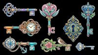 Ornate vintage keys and lock designs with decorative flourishes, jeweled embellishments, and intricate metalwork in gold, blue, pink, and teal. Isolated on transparent background, ready for t-shirt design, clipart, stickers, sublimation, and print-on-demand projects.