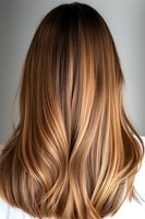 Luxurious caramel balayage hair with smooth gradient from dark roots to light ends, showing professional coloring technique and healthy shine on long layered cut.