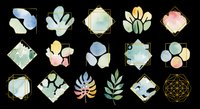 Watercolor botanical frames set with gold geometric borders, soft pastel leaves and abstract shapes, isolated on transparent background, ready for stickers, cards, and print on demand.