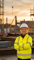 Confident female construction worker in safety gear standing at building site during golden hour sunset with industrial equipment and cranes in background.
