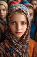 Young woman wearing patterned hijab with striking blue eyes gazes directly at camera, soft natural lighting enhances facial features against blurred background.