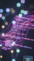 Glowing AI algorithm code on dark background with colorful bokeh lights and neon pink data streams for tech design.
