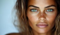 Close up portrait of young woman with freckles, tanned skin and striking blue eyes against soft blue background. Natural beauty concept for skincare and cosmetics.