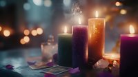 Colorful candles burning with warm flames creating cozy atmosphere for meditation, relaxation and spiritual practices in dimly lit room with soft bokeh lights.