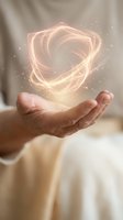 Hand holding glowing shield symbol with golden light particles and energy effect, representing protection, security, safety and digital defense technology concept.
