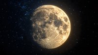 Detailed moon surface with visible craters and terrain illuminated against dark starry sky background, celestial night scene with natural satellite in golden light.
