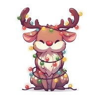 Smiling cartoon reindeer wrapped in colorful Christmas lights sitting with closed eyes and red nose, wearing winter scarf on white background for holiday designs.